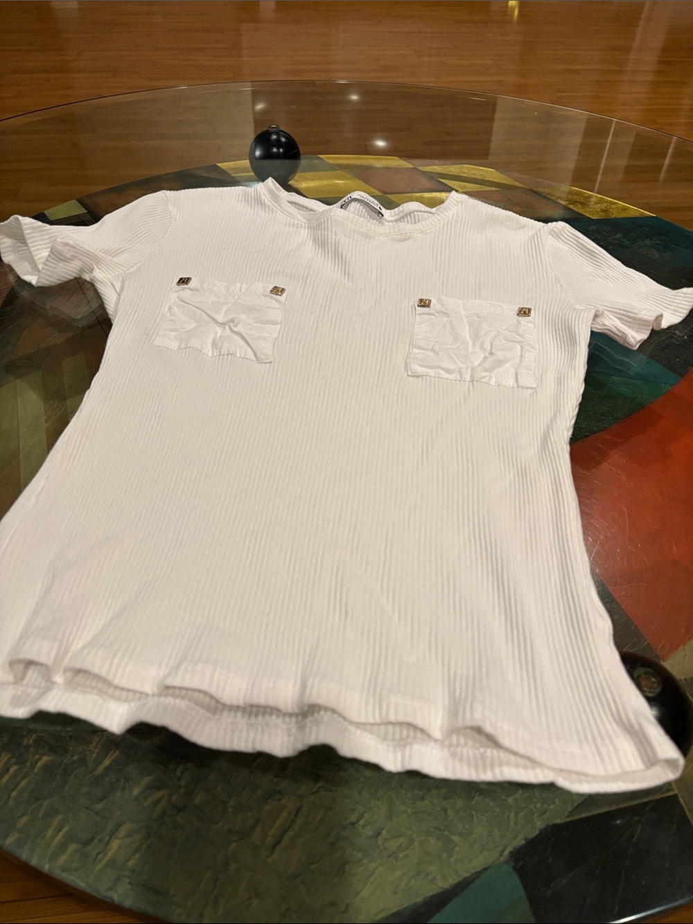 Zara White Ribbed Short-Sleeve Tee with Front Pockets